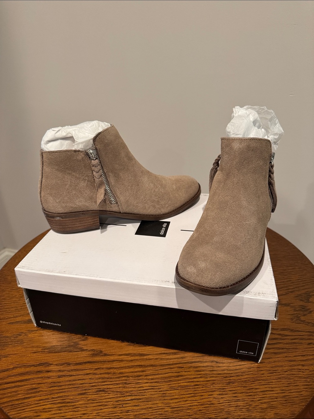 Dolce Vita Taupe Suede Ankle Booties with Side Zip